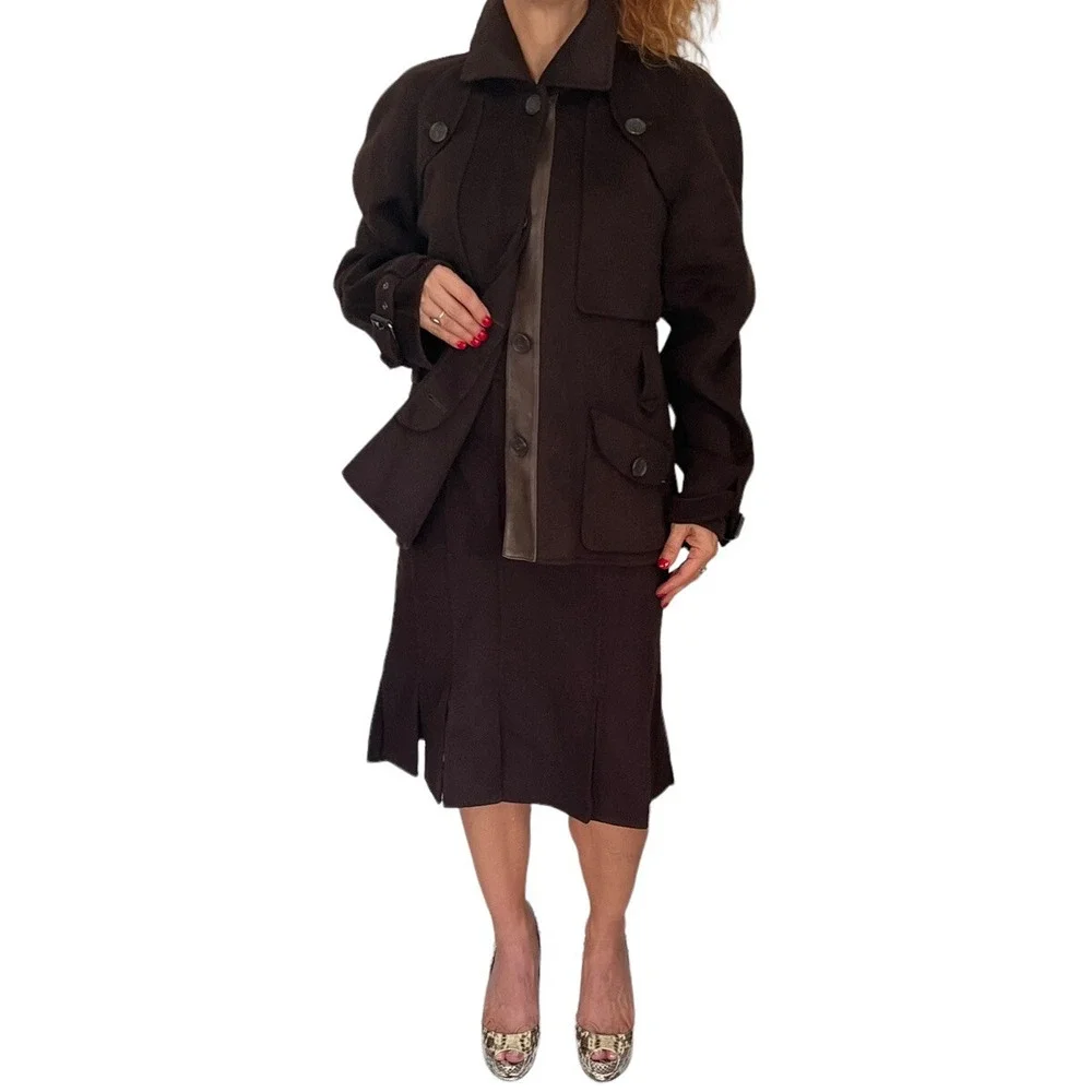 BARBARA BUI 90'S BROWN WOOL ANGORA  JACKET SKIRT SUIT 42 46 L Corporate Grunge